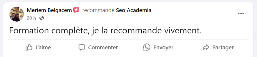 Recommandation Facebook de Meriem Belgacem : « Formation complète, je la recommande vivement. »